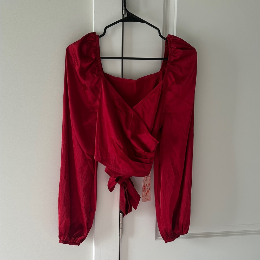 SHEIN Bold Red Wrap Blouse